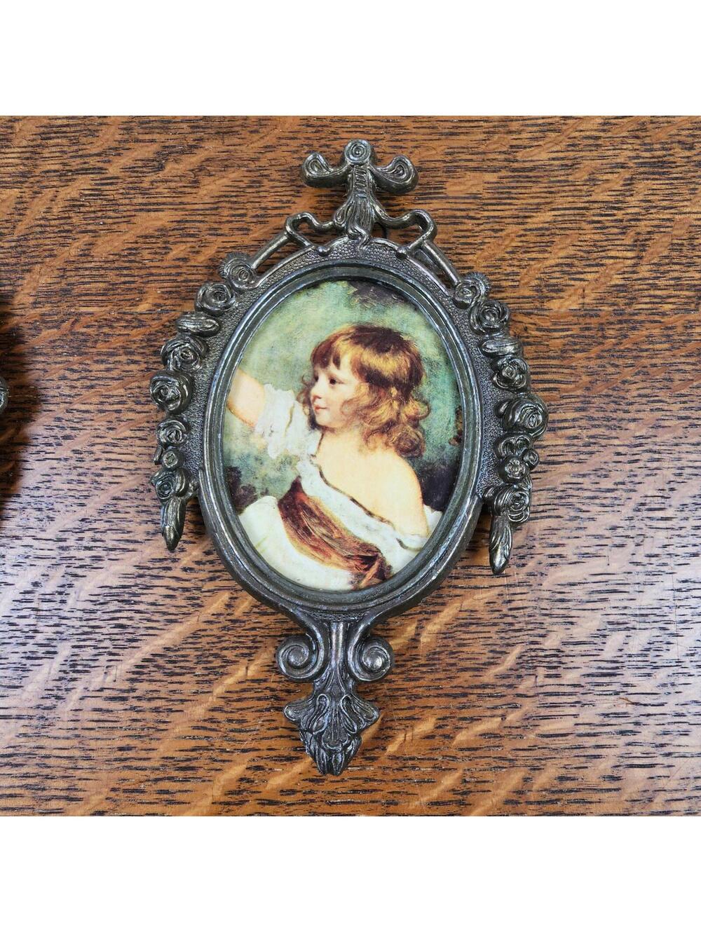 Vintage Italian Child Portrait Wall Plaques Pair Ornate Cast Metal Frames - Picture 2 of 10
